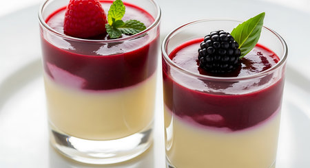 Delicious panna cotta dessert with blackberries and raspberriesの素材
