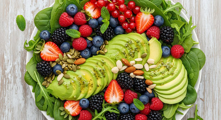 Healthy salad with berries and avocado on wooden table, top viewの素材