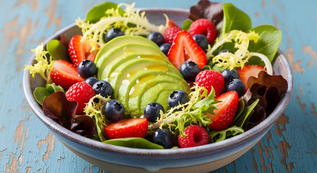 Healthy salad bowl with strawberries, blueberries, avocado and lettuce leavesの素材