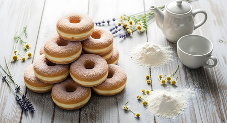Donuts with icing sugar and lavender flowers on a white wooden backgroundの素材