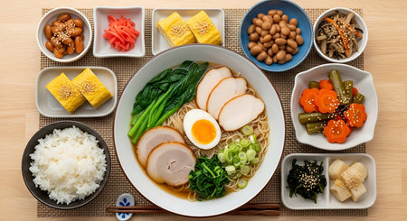 Japanese miso ramen noodle soup with chicken, vegetables and eggsの素材