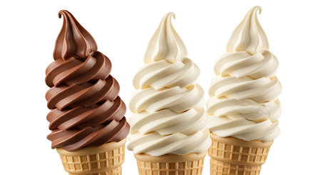 Three ice creams in waffle cones isolated on white background.の素材
