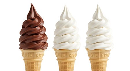 Chocolate and vanilla ice cream in waffle cones isolated on white backgroundの素材