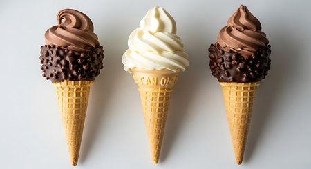 Chocolate and vanilla ice creams in waffle cones on white backgroundの素材