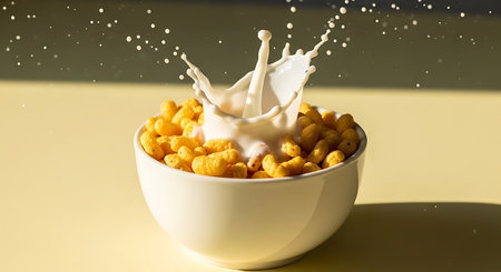 Cornflakes in a white bowl with milk splash on yellow backgroundの素材