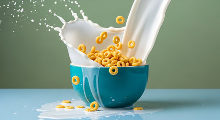 Breakfast cereal falling into blue bowl with milk splash on green backgroundの素材