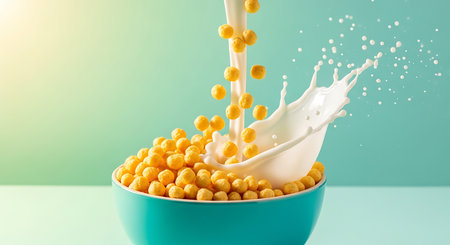 Cornflakes falling into a bowl with milk splash on green backgroundの素材
