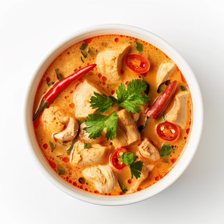 Tom Yum Goong, Thai spicy chicken soup on white backgroundの素材