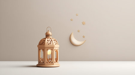 3d rendering of Ramadan Kareem lantern with crescent moon and starsの素材