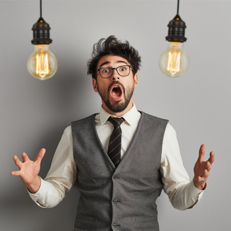Surprised young businessman in suit and eyeglasses is looking at lightbulbs on grey backgroundの素材