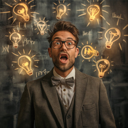 Portrait of a young businessman in a suit and glasses on a grunge background with lightbulbs.の素材