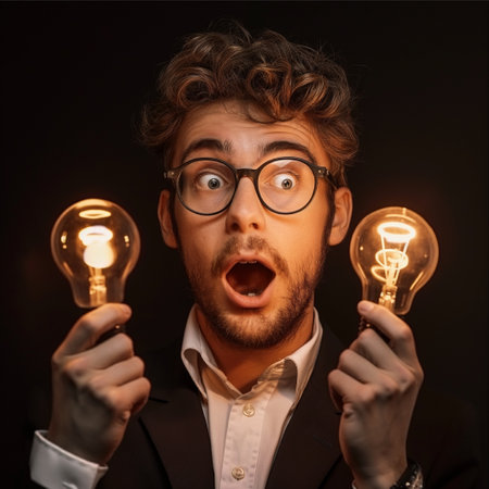 Portrait of a funny young man with light bulbs in his hands on a black backgroundの素材