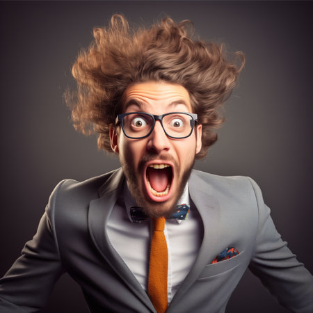 Funny young man with a crazy hairstyle. Studio shot.の素材