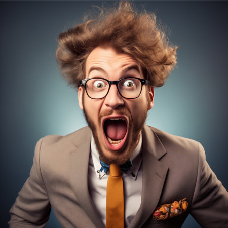 Funny man in a suit and glasses on a gray background.の素材