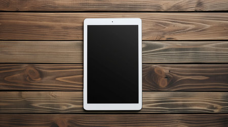 Tablet computer on wooden background. Top view with copy space.の素材