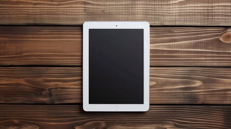 Tablet computer on wooden background. Top view with copy space.の素材