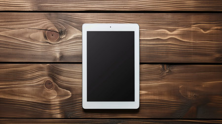 Tablet computer on a wooden background. Top view with copy spaceの素材