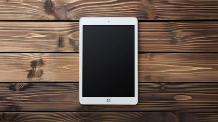 Tablet pc on wooden background. Top view with copy space.の素材