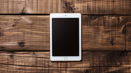 Tablet computer on a wooden background. Top view. Copy space.の素材