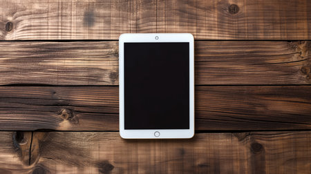White tablet computer with black screen on wooden background. View from aboveの素材