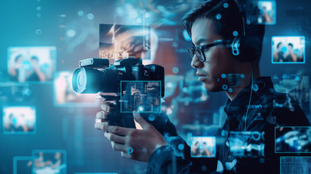 Portrait of young Asian man in glasses holding a camera in his hands while standing in front of a digital screen with different images.の素材