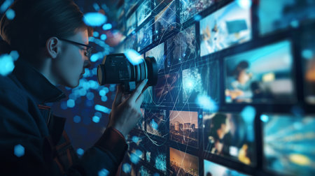 Handsome young photographer taking picture with digital camera. Double exposureの素材