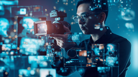 Attractive asian man in smart casual wear and eyeglasses using digital camera to take photo of media screen. Media conceptの素材