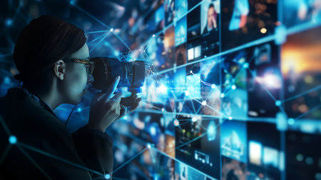 Professional photographer taking picture with digital camera. Media concept. Double exposureの素材