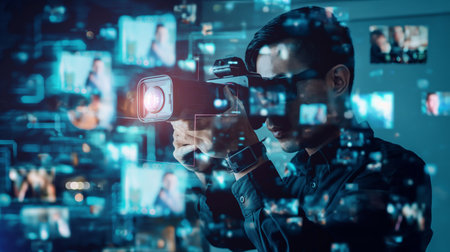 Portrait of a man in a virtual reality headset holding a camera in his hands.の素材