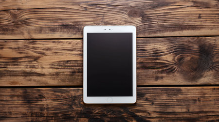 Tablet pc on wooden background. Top view. Copy space.の素材