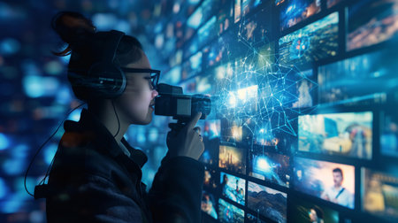 Young woman in virtual reality glasses with camera in hands. Mixed mediaの素材