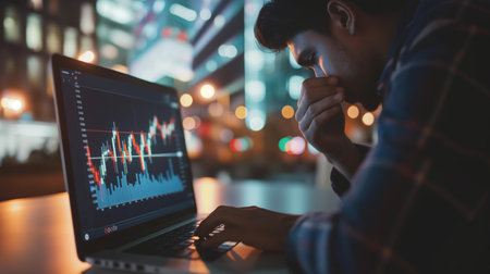 Businessman analyzing investment charts with laptop in the city at night.の素材