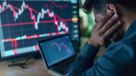 Stressed businessman sitting in front of computer monitor with stock market chart.の素材