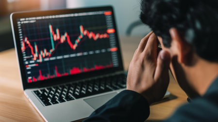 Young asian man using laptop with stock market graph on screen.の素材