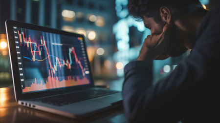 Businessman using laptop and thinking about stock market graph on screen.の素材