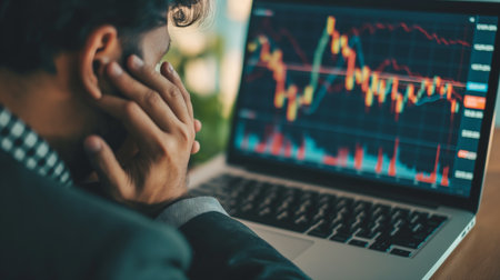 Stressed businessman working with laptop in office. stock market concept.の素材