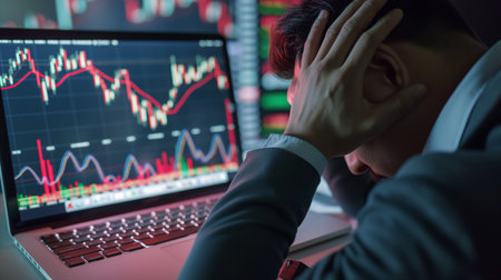 Stressed businessman in front of computer monitor with stock market graph.の素材