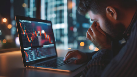 Businessman working on laptop in office at night. Businessman analyzing stock market data on laptop.の素材