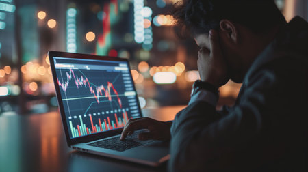 Side view of young Asian man using laptop with stock market chart on screen.の素材