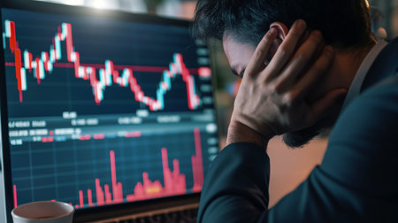 Stressed businessman sitting in front of computer monitor with stock market chart.の素材