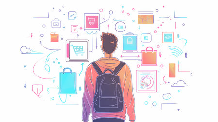 Back view of young man with backpack and online shopping icons. Vector illustration in flat styleの素材
