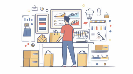 Online shopping concept. Young man with shopping bags in the store.の素材