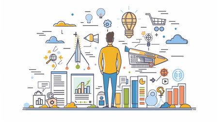 Vector illustration of young man standing in front of business icons. Modern thin line style design for web, site, advertising, banner, poster and print.の素材