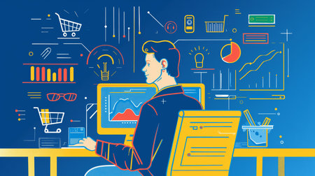 Illustration of a young man working on a computer in an officeの素材