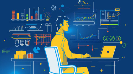 Businessman working at the office. Vector illustration in a flat styleの素材