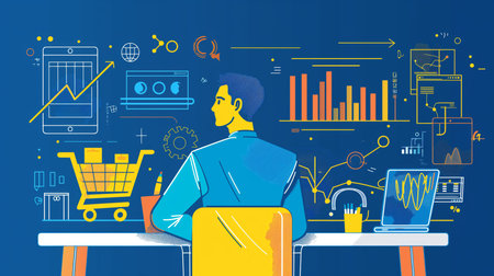 Businessman sitting at the desk and working with laptop. Vector illustration.の素材