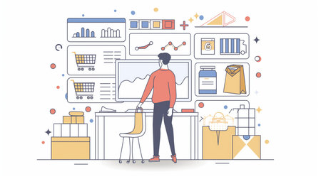 Vector illustration of a man working at a computer. Online shopping concept.の素材