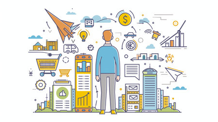 Vector line art illustration of businessman and business icons. Concept for web banners, printed materials and presentations.の素材