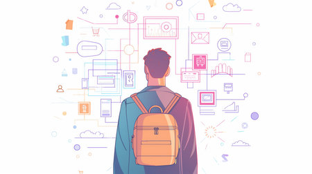 Startup online shopping company milestones infographics. Businessman looking to the future. Modern illustration in linear styleの素材