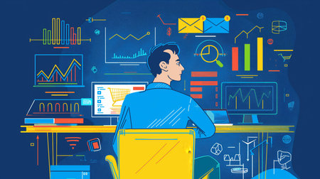 Startup online shopping company milestones infographics. Businessman looking to the future. Modern illustration in linear styleの素材